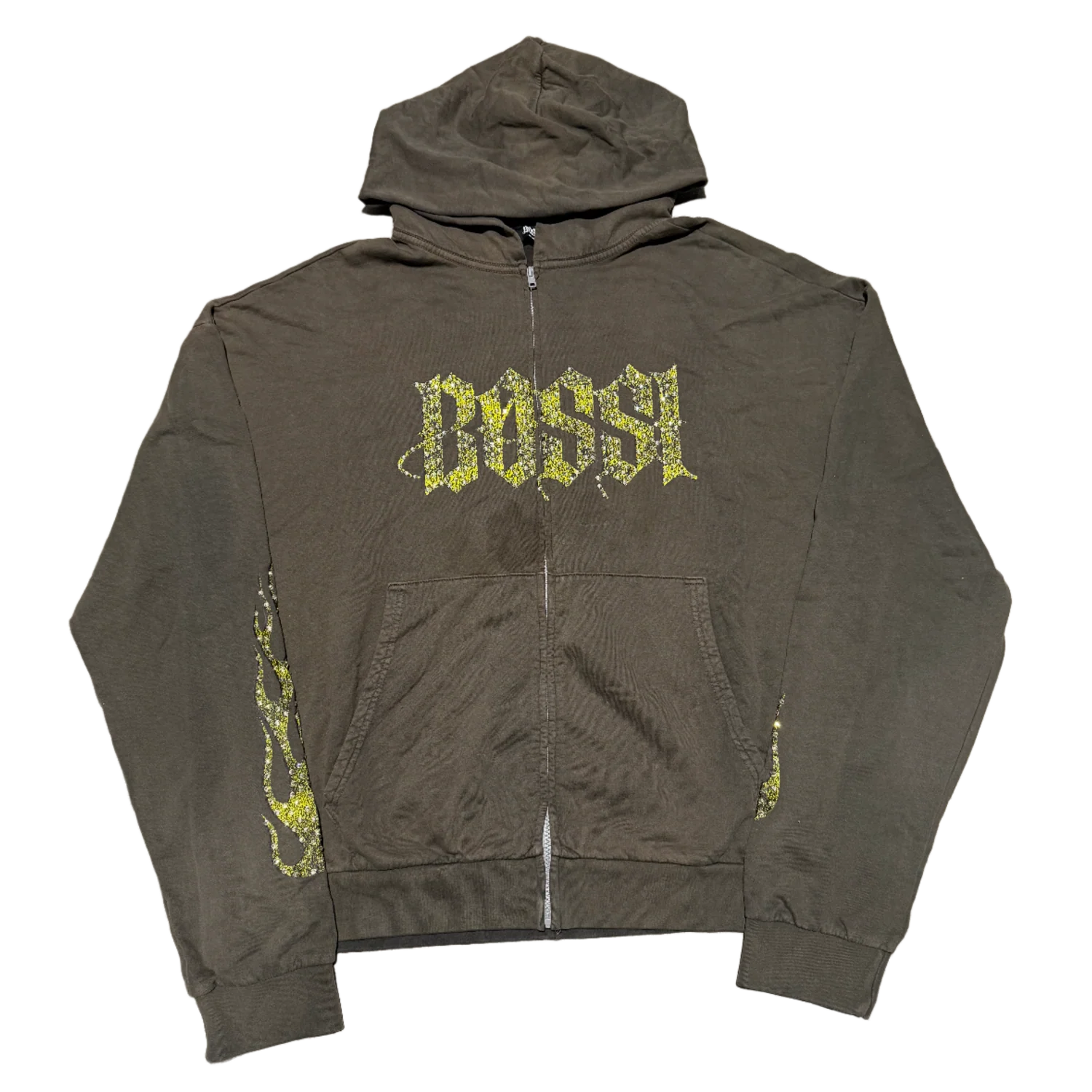 Bossi 'Yellow Flames' Vintage Grey Zip Up Hoodie
