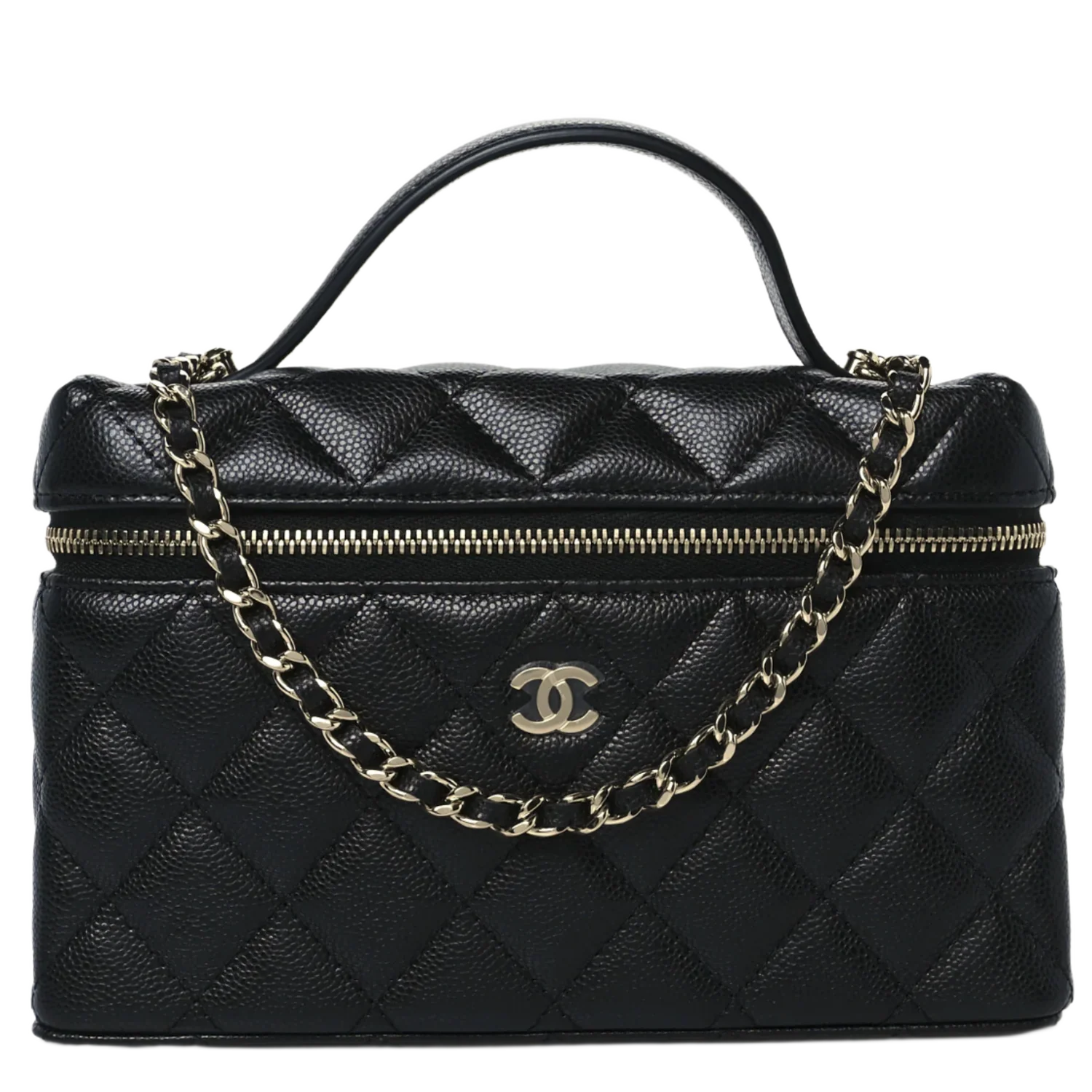 Chanel 'Black' Caviar Quilted Top Handle Slim Vanity With Chain