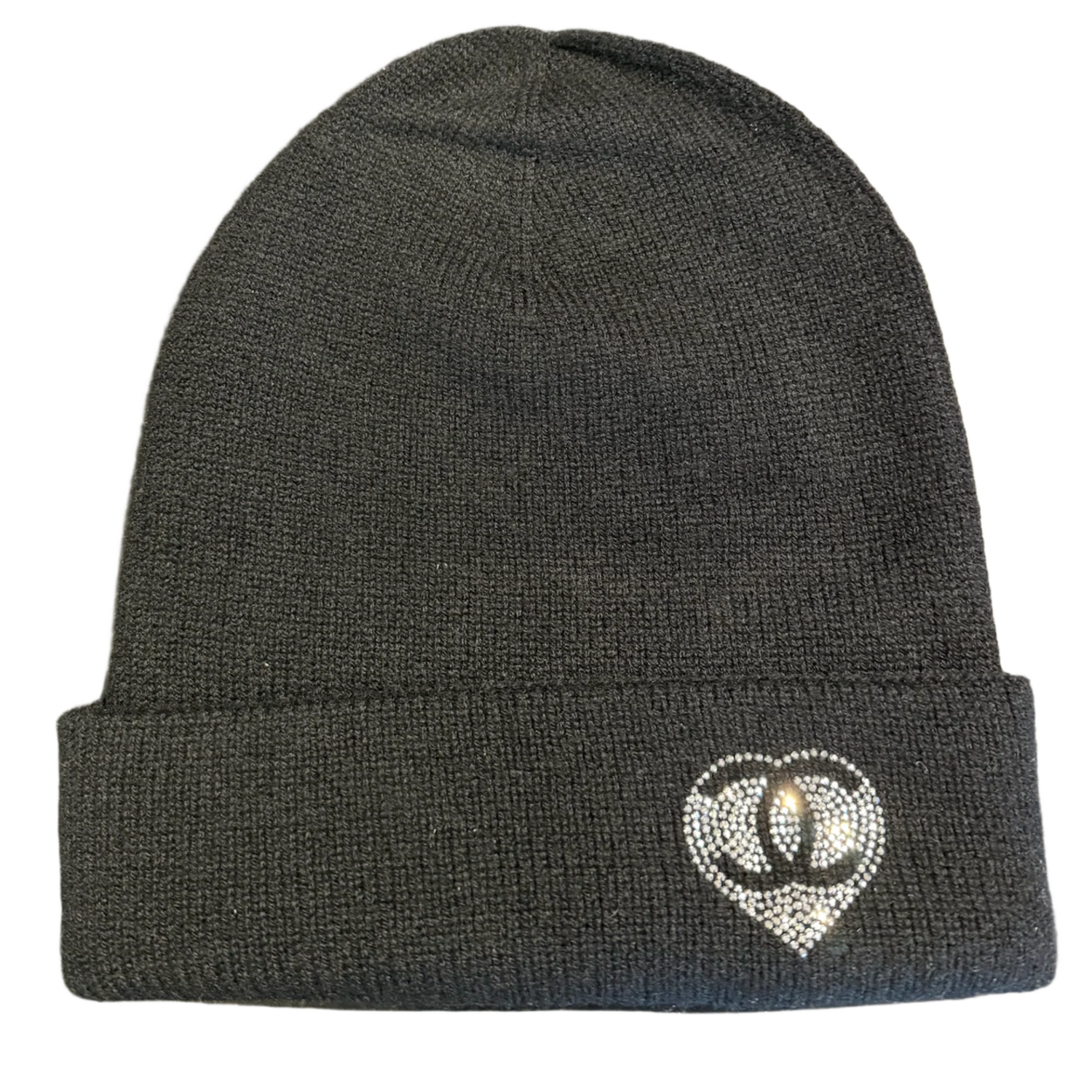 Chanel 'CC Heart' Crystal Embellished Cashmere Black Beanie