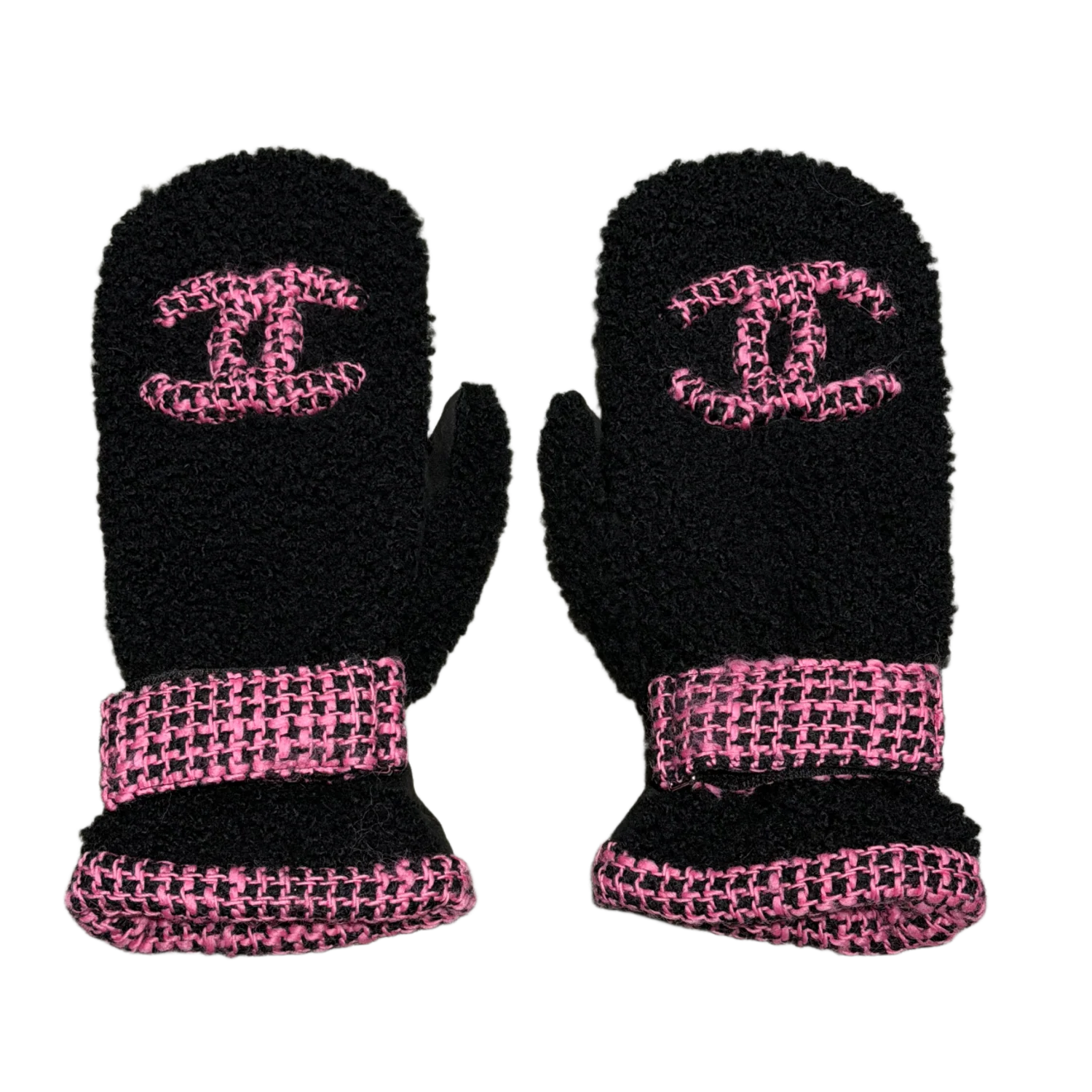 Chanel CC Logo 'Black/Pink' Shearling Tweed Mittens Gloves