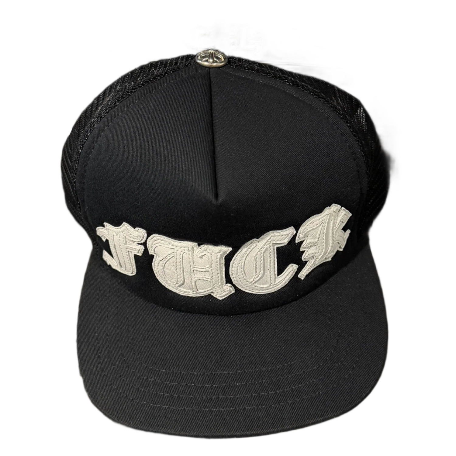 Chrome Hearts 'Fuck' White Leather Patch Trucker Hat