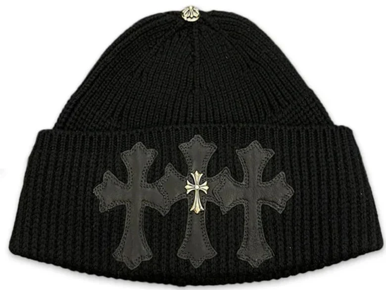 Chrome Hearts 'Leather Triple Cross Patch' with Silver Cross Cashmere Beanie
