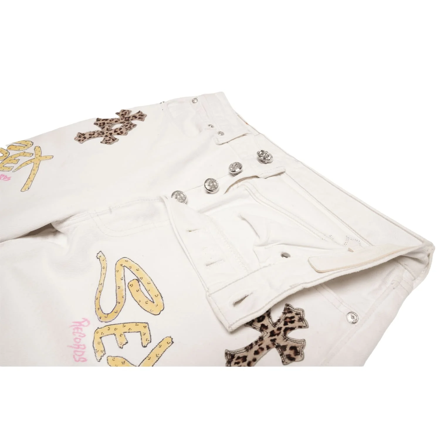 Chrome Hearts Matty Boy 'Sex Records Cheetah Patch' Levi 501 White Jeans - Image 3
