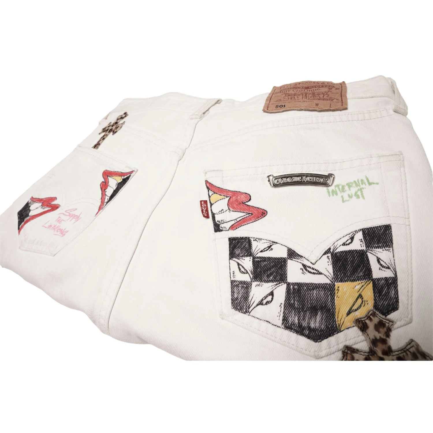 Chrome Hearts Matty Boy 'Sex Records Cheetah Patch' Levi 501 White Jeans - Image 4