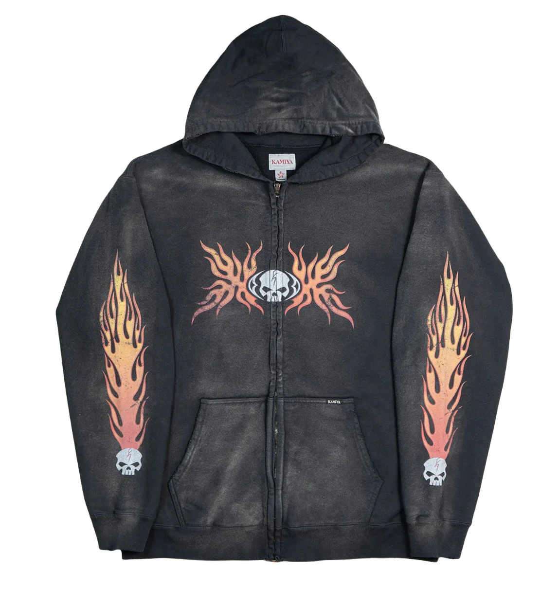 Kamiya 'Skull Flame' Washed Black Zip Up