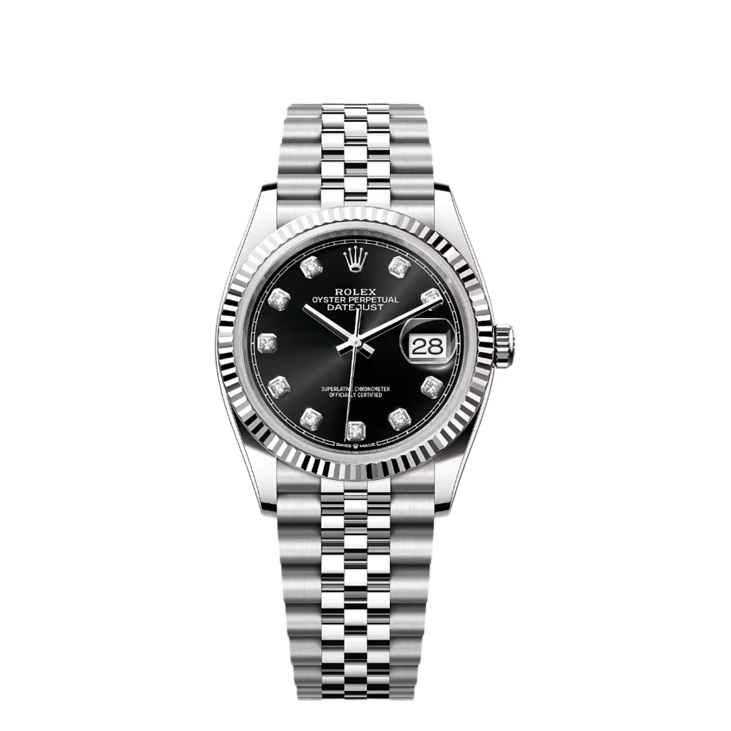 Rolex Datejust 36 Black Diamond Dial Stainless 2021 Steel Fluted Bezel Jubilee Bracelet Watch