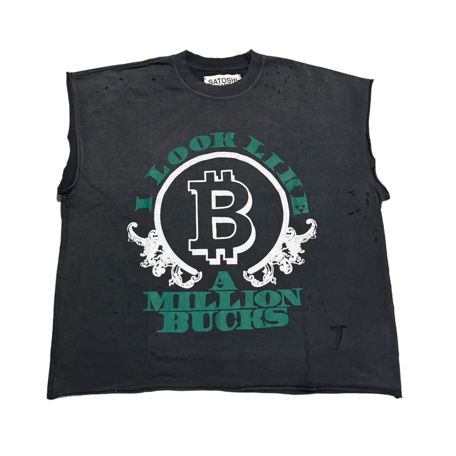Satoshi Nakamoto 'Million Bucks' Washed Black Cutoff Tee