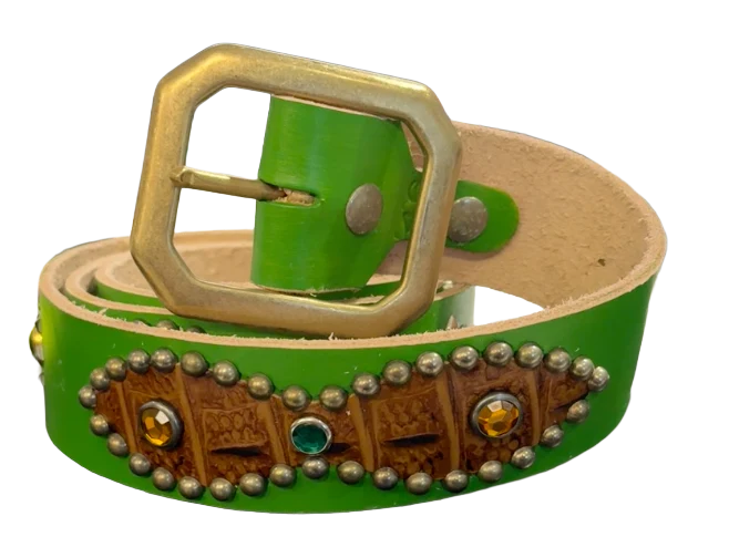 Studded 'Brown Alligator Green Gem Sun' Green Belt