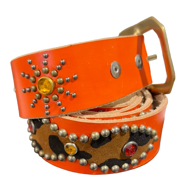 Studded 'Cheetah Leather/ Sun Gem' Orange Belt