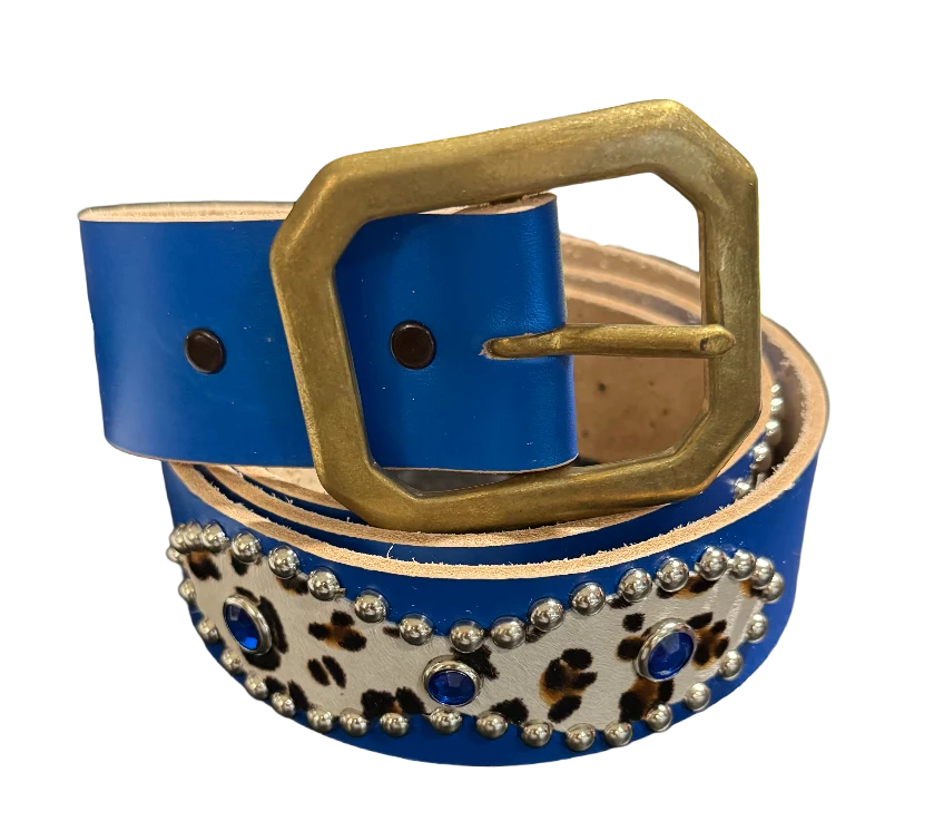 Studded 'White Leopard Fur Sun Gem' Blue Belt